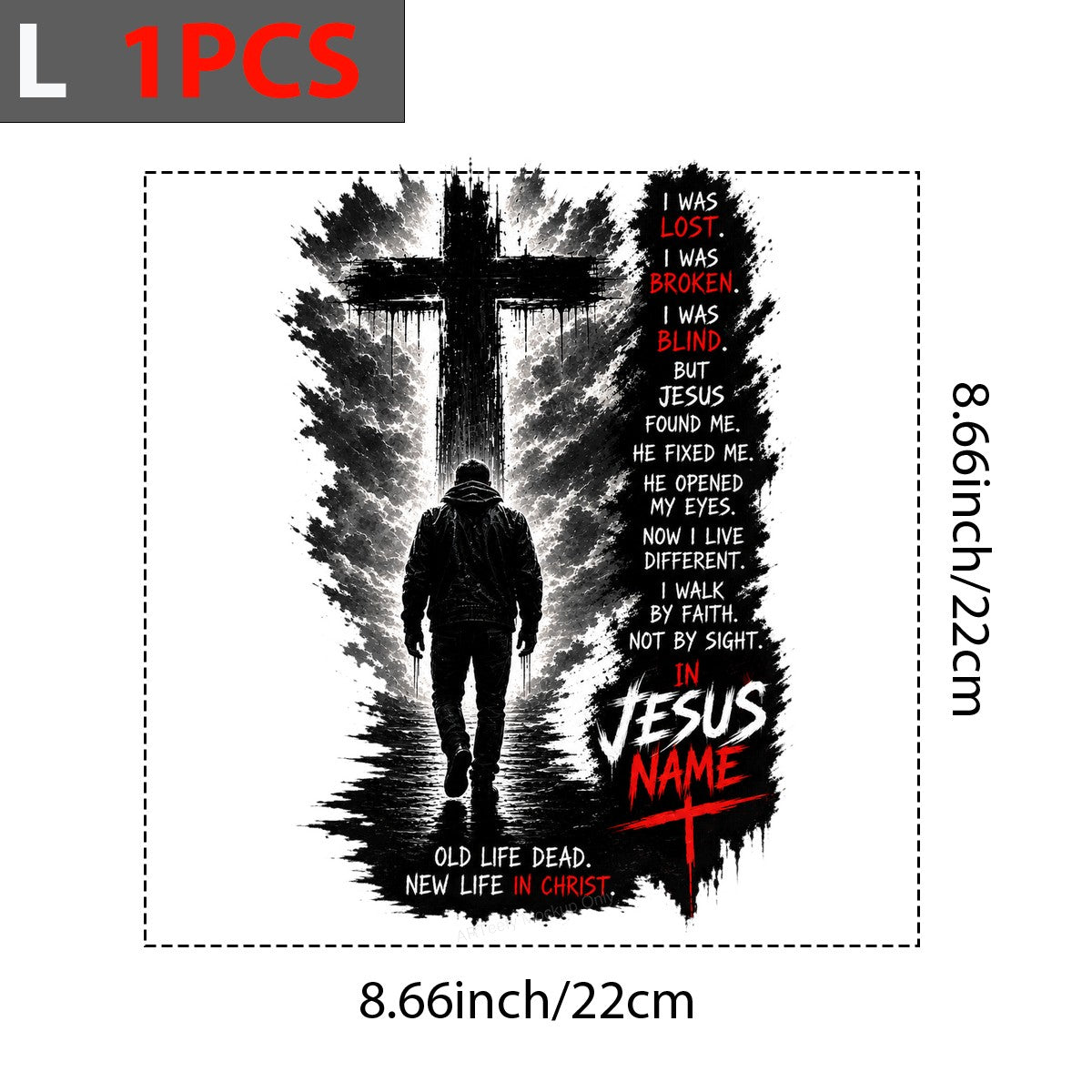 Christian Heat Transfer In Jesus Name Cross and Man Walking Graphic for T Shirts Hoodies and Christian Apparel - 7