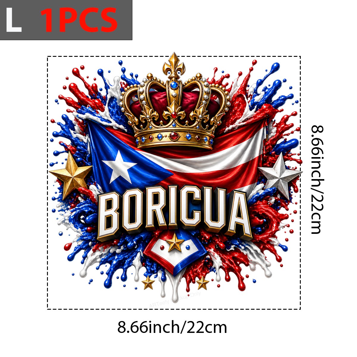DTF Heat Transfer Boricua Puerto Rican Flag with Crown Splash Art Graphic for T Shirts Hoodies and Tote Bags - 7