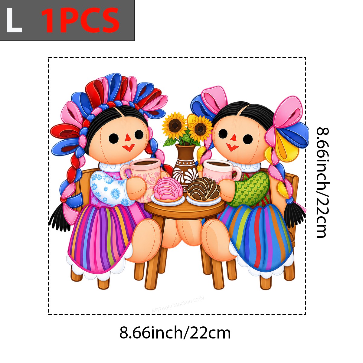 DTF Transfer Mexican Rag Dolls Drinking Coffee Colorful Folk Art Graphic for T Shirts Hoodies and Tote Bags - 7