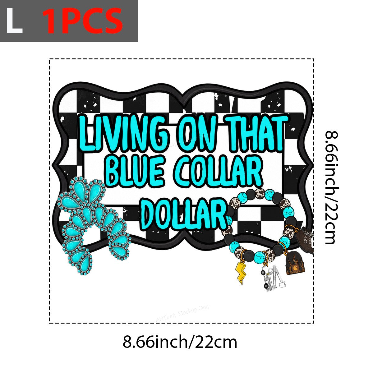 Western Heat Transfer Living On That Blue Collar Dollar Turquoise Jewelry Checkered Graphic for T Shirts Hoodies and Workwear Apparel - 7