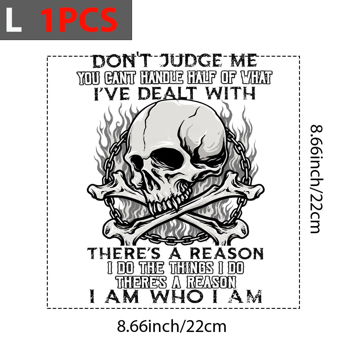 DTF Transfer Don’t Judge Me Quote Flaming Skull and Crossbones Graphic for T Shirts Hoodies and Biker Apparel - 7