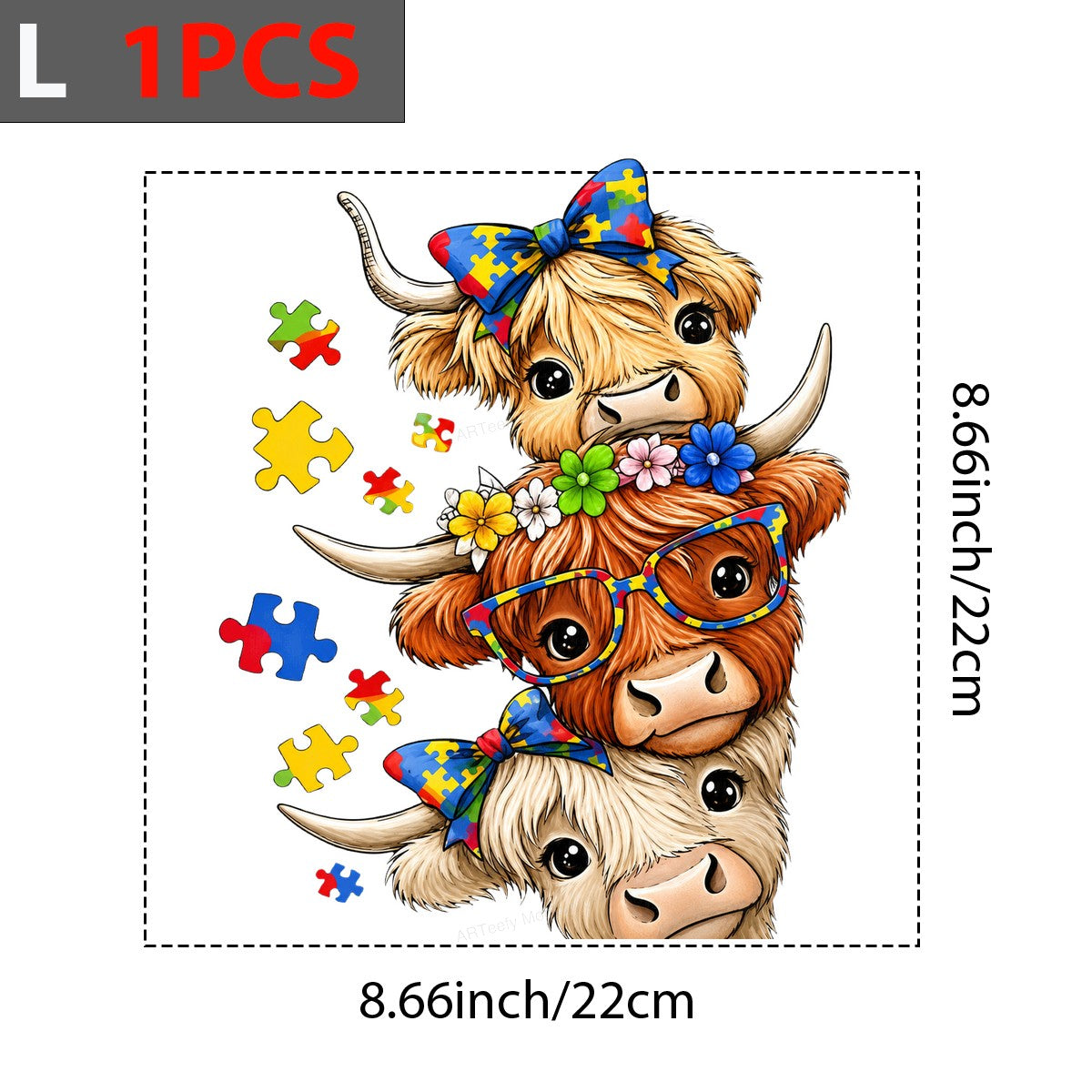 DTF Transfer Cute Highland Cows with Puzzle Piece Bows and Glasses Graphic for T Shirts Hoodies and Tote Bags - 7