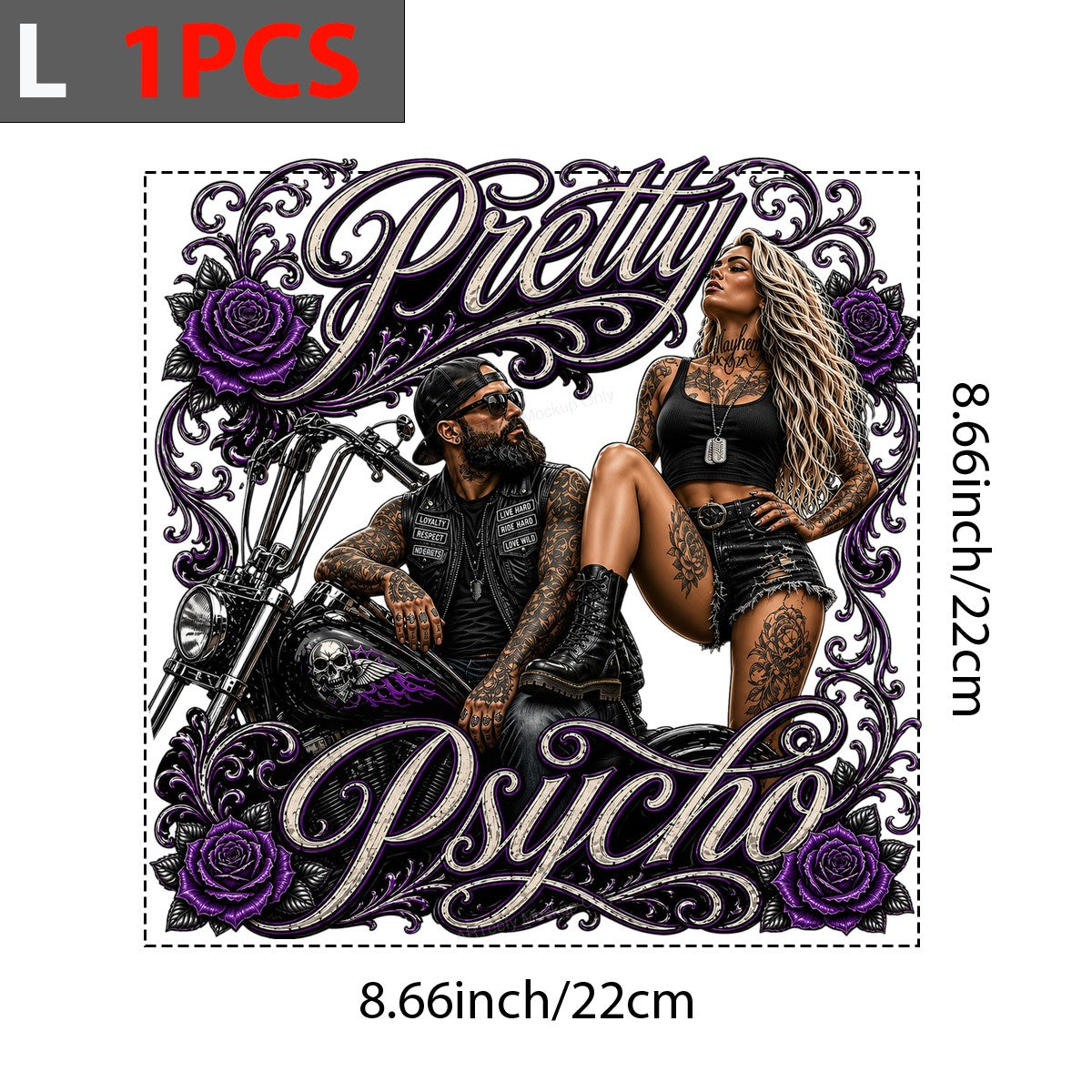 DTF Transfer Pretty Psycho Biker Couple with Purple Rose Tattoo Art for T Shirts Hoodies and Biker Apparel - 7