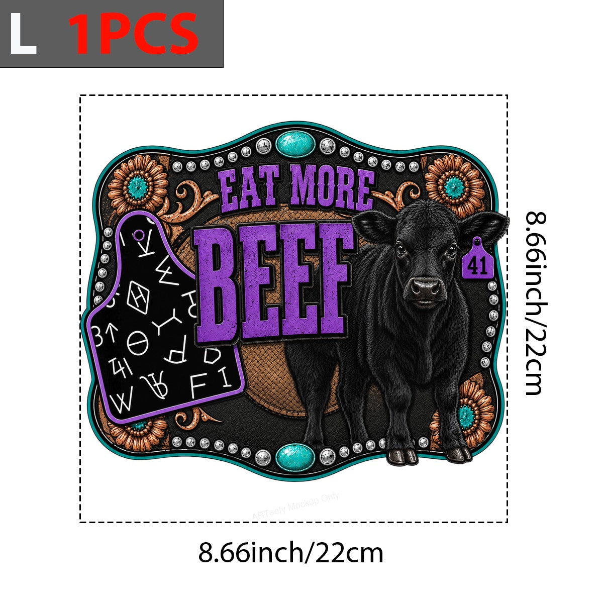 Western Heat Transfer Eat More Beef Cow Graphic with Turquoise Concho Detail for T Shirts Hoodies and Farm Ranch Apparel - 7