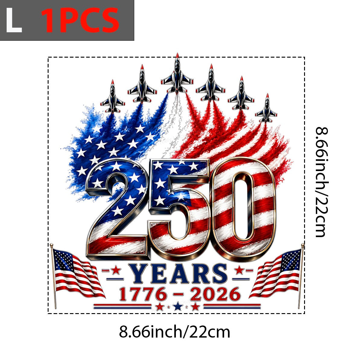 DTF Heat Transfer USA 250 Years 1776 2026 Patriotic Flag and Jets Graphic for T Shirts Hoodies and Tote Bags - 7