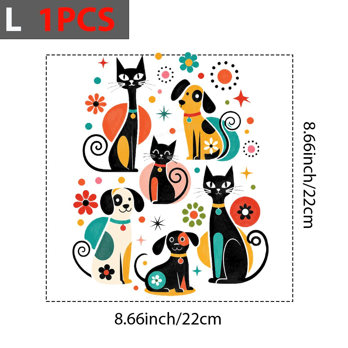 DTF Heat Transfer Retro Cats and Dogs Graphic with Colorful Geometric Flowers for T Shirts Hoodies and Tote Bags - 7