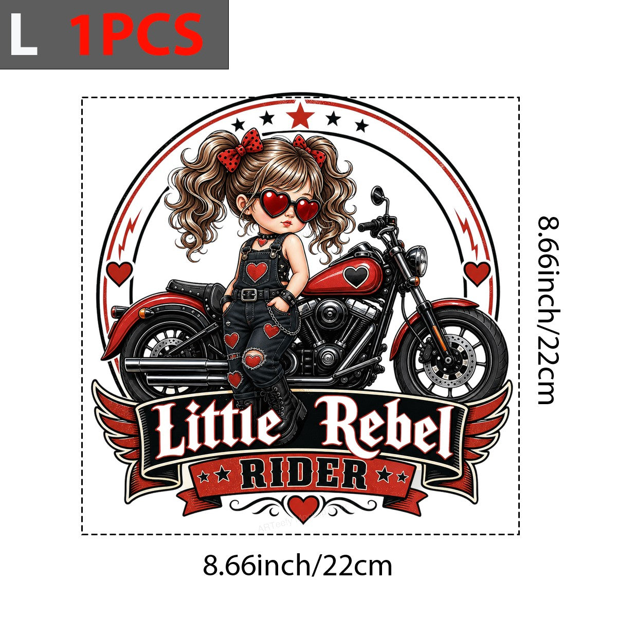 DTF Heat Transfer Little Rebel Rider Biker Girl with Red Hearts Graphic for T Shirts Hoodies and Tote Bags - 7