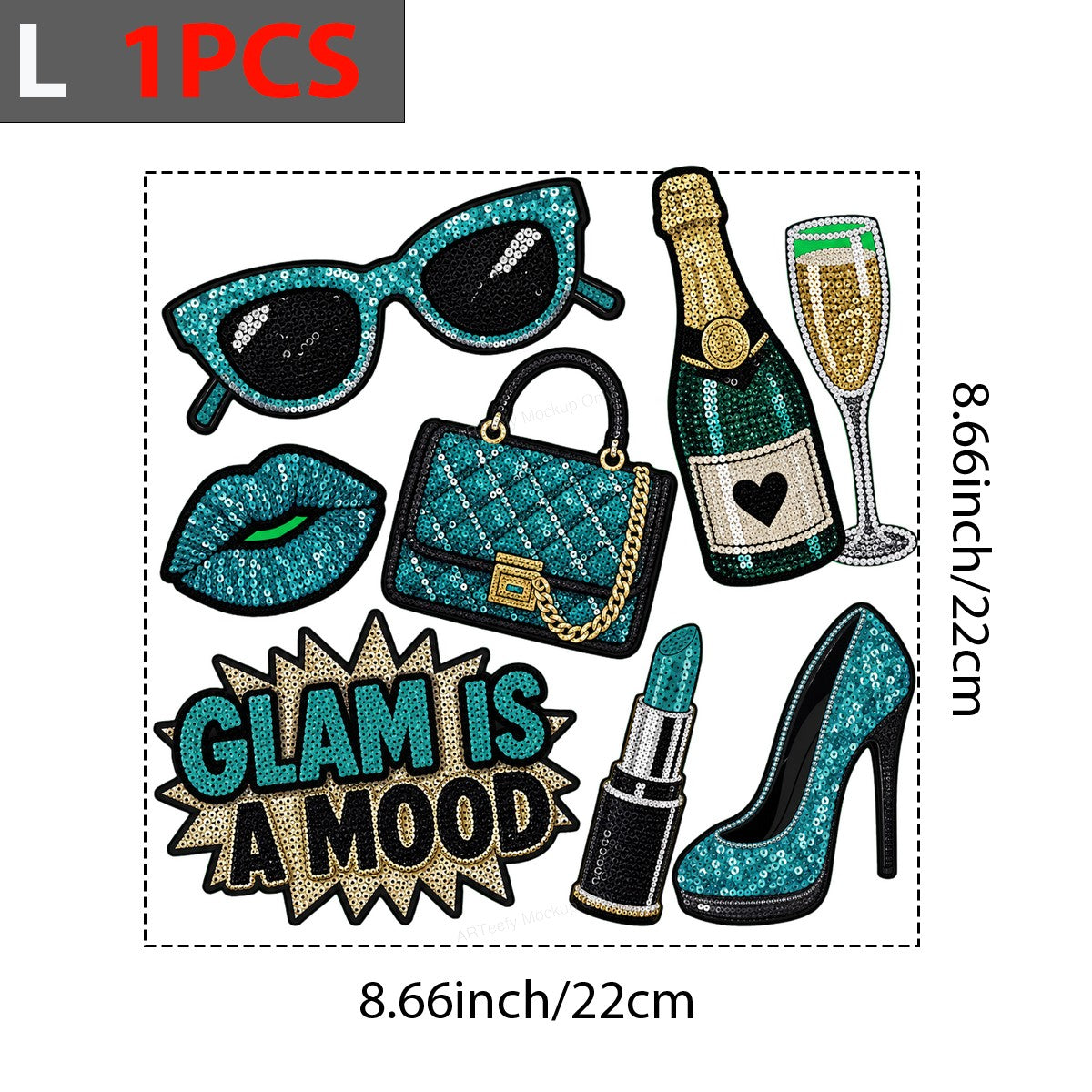 DTF Heat Transfer Glam Is A Mood Quote with Teal Sequin Sunglasses Handbag Champagne and High Heel for T Shirts Hoodies and Tote Bags - 7