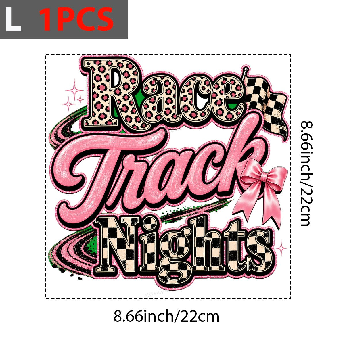 DTF Heat Transfer Race Track Nights Leopard Print Checkered Flag Pink Bow Graphic for T Shirts Hoodies and Tote Bags - 7