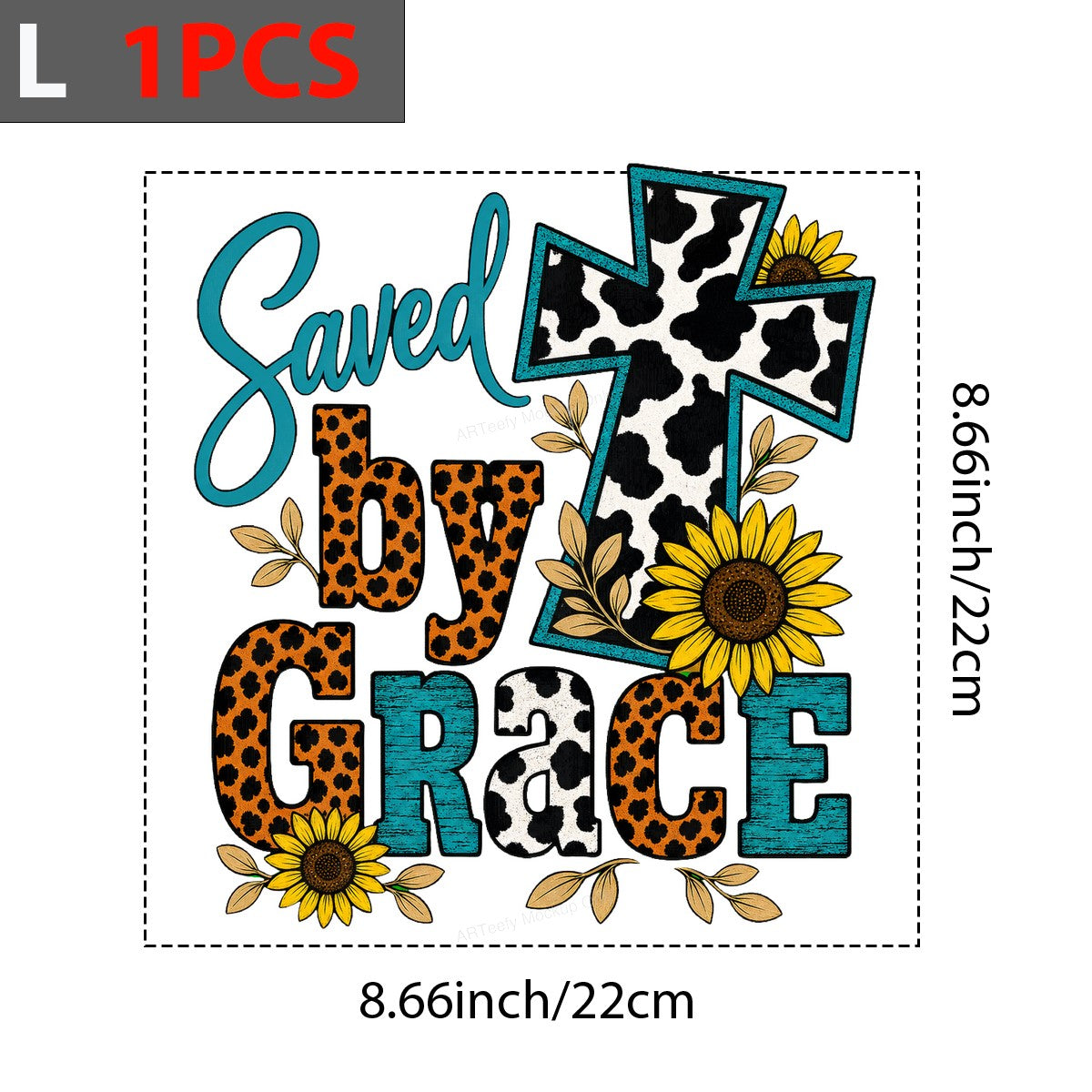 Christian Heat Transfer Saved By Grace Cow Print Cross with Leopard Sunflowers for T Shirts Hoodies and Tote Bags - 7