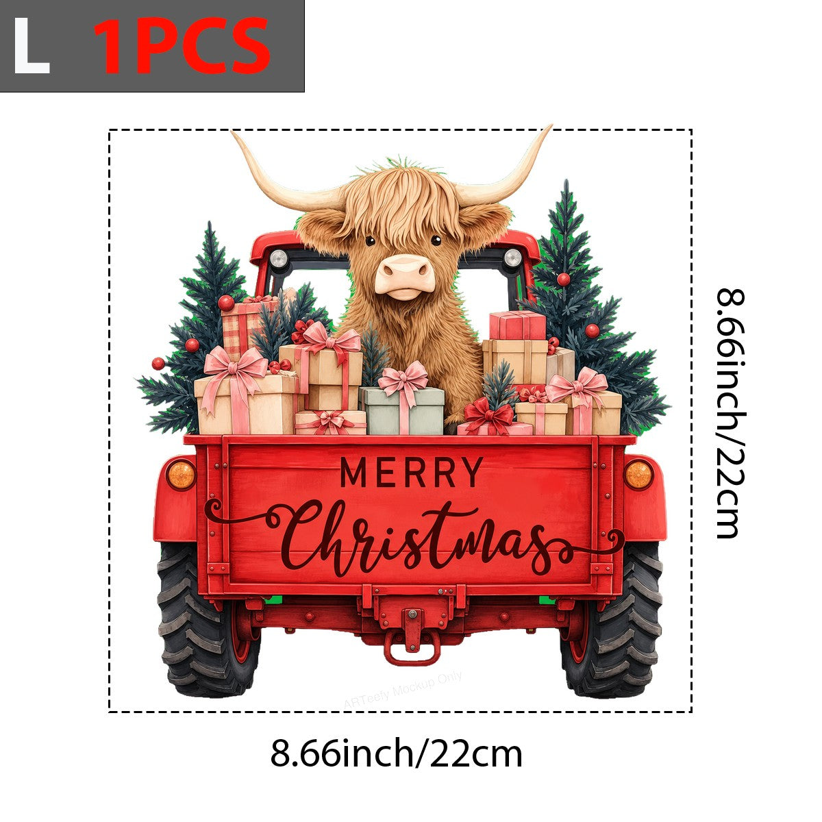 DTF Heat Transfer Merry Christmas Highland Cow in Red Truck Graphic for Holiday Shirts and Gifts - 7