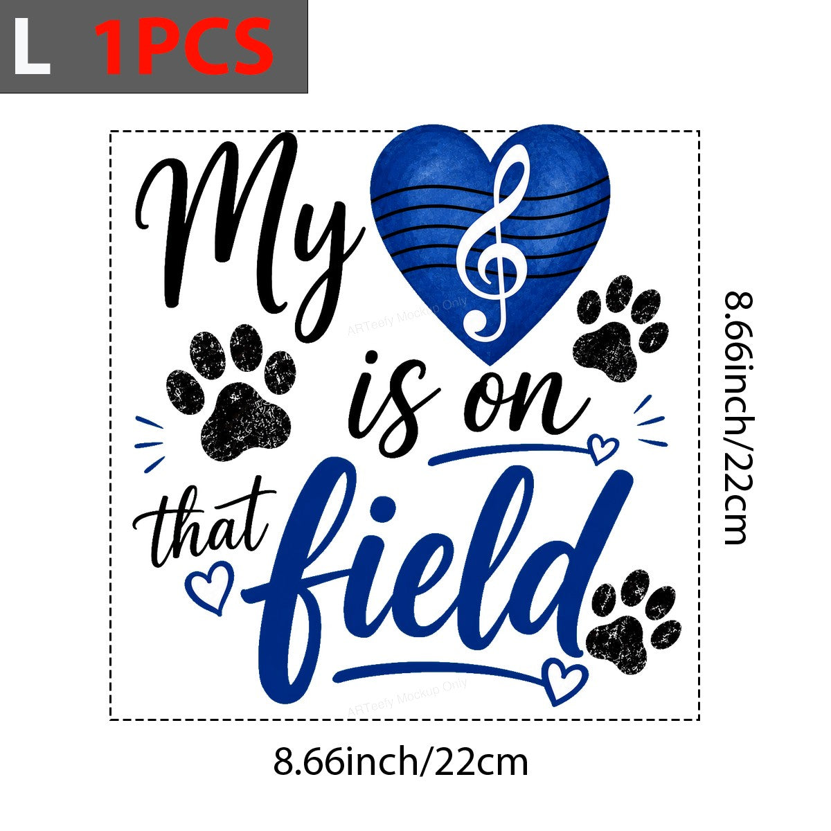 DTF Transfer My Heart Is On That Field Blue Heart Paw Print Music Note Graphic for T Shirts Hoodies and Game Day Apparel - 7