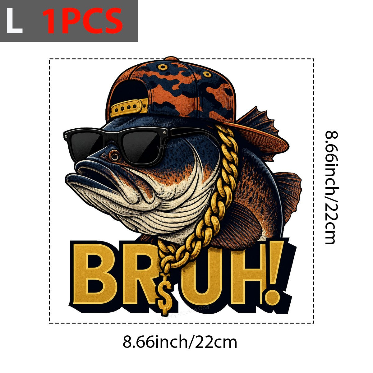 Funny Graphic Transfer Bruh Bass Fish with Sunglasses and Gold Chain Streetwear Design for T Shirts Hoodies and Fishing Apparel - 7