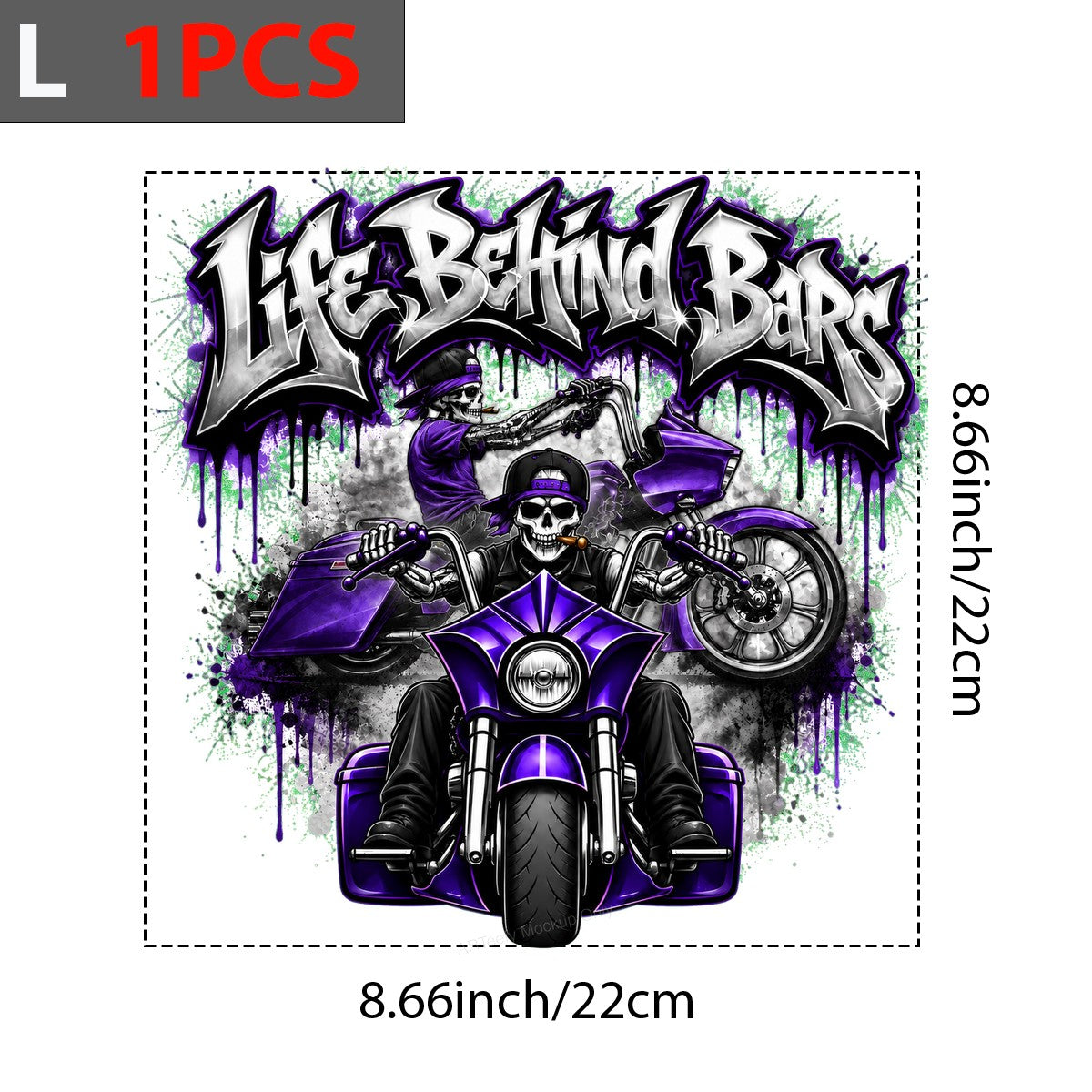 DTF Heat Transfer Life Behind Bars Skeleton Biker Purple Motorcycle Graphic for T Shirts Hoodies and Biker Apparel - 7