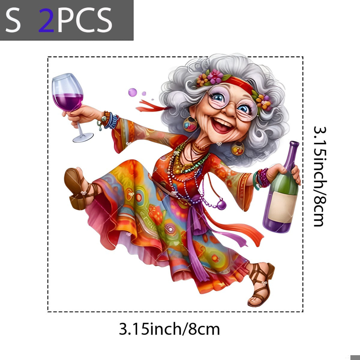 DTF Heat Transfer Iron On Sticker Vintage Bohemian Woman Holding Wine Glass and Bottle Colorful Dress for Fall Home Decor Apparel Bags and Party Celebration - 8