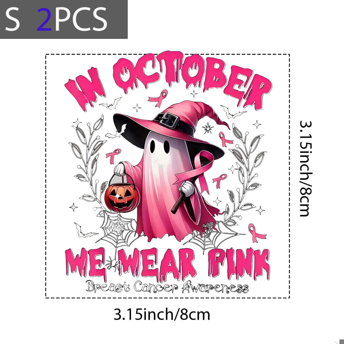 DTF Heat Transfer Iron On Sticker Pink Ghost with Witch Hat and Pumpkin Breast Cancer Awareness for Halloween Shirts and Home Decor - 8