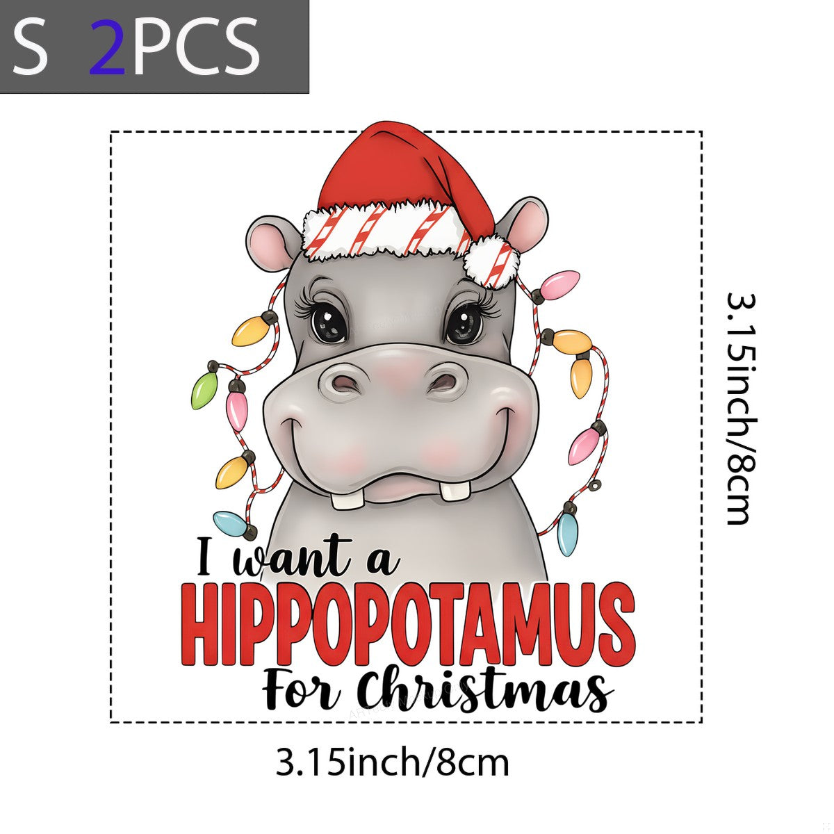 DTF Heat Transfer Iron On Sticker Iron On Transfers for T Shirts Christmas Hippopotamus Design with Santa Hat Lights for Holiday Apparel Gifts Clearance - 8