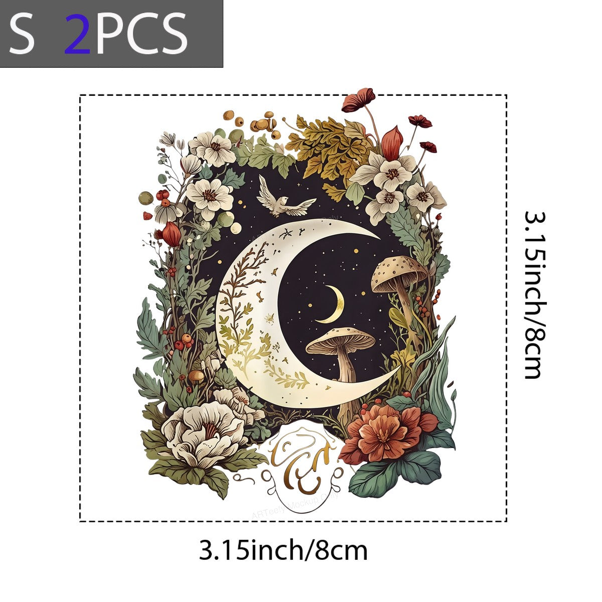 Iron On Transfer Botanical Moon and Stars Floral Design for T Shirts and Tote Bags - 8