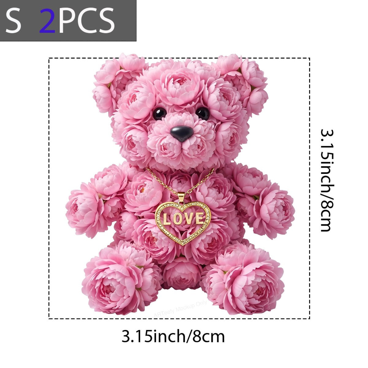 DTF Transfer Pink Flower Teddy Bear with Gold LOVE Heart Necklace Graphic for T Shirts Hoodies and Valentine Gifts - 8