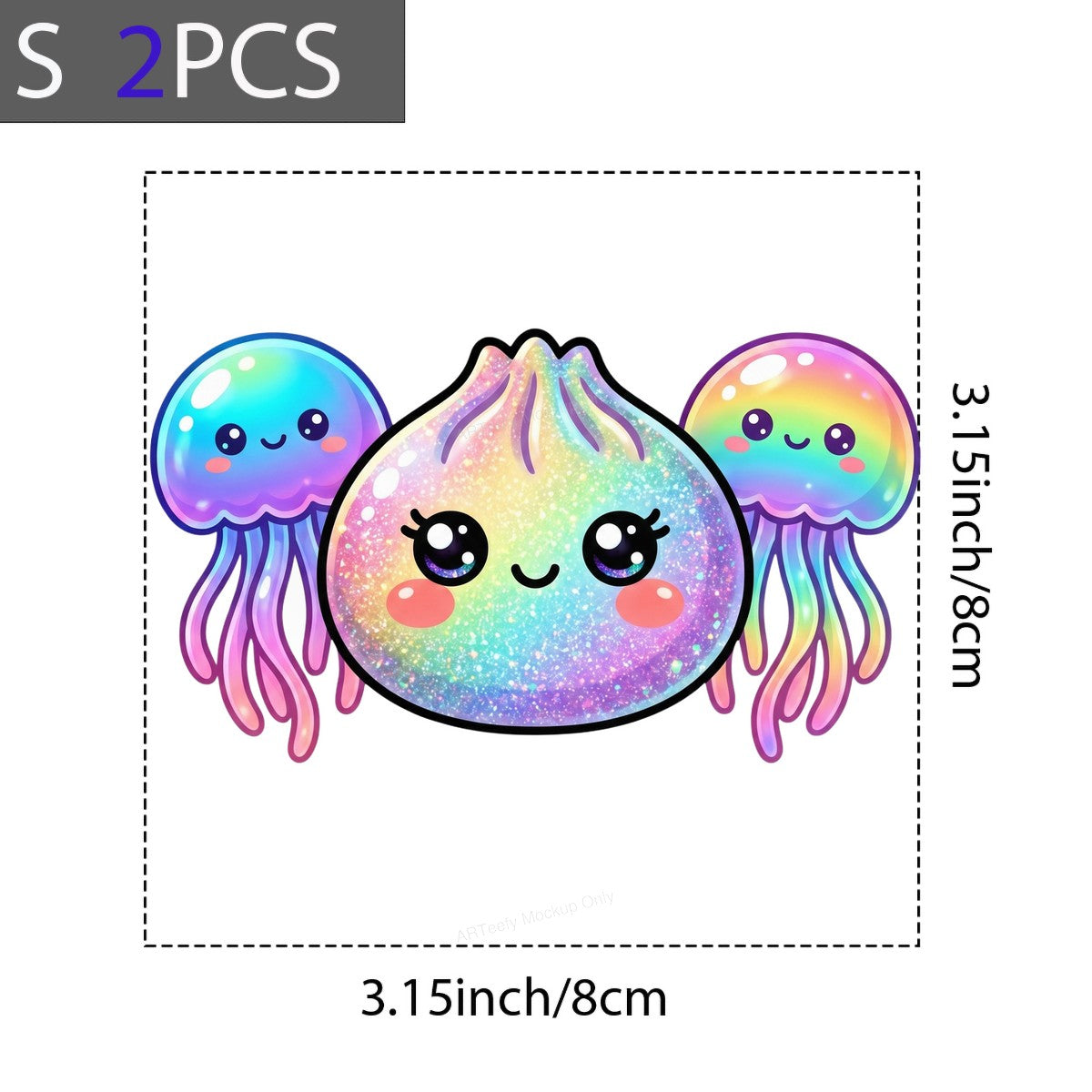 DTF Transfer Kawaii Rainbow Dumpling and Jellyfish Glitter Graphic for T Shirts Hoodies and Tote Bags - 8