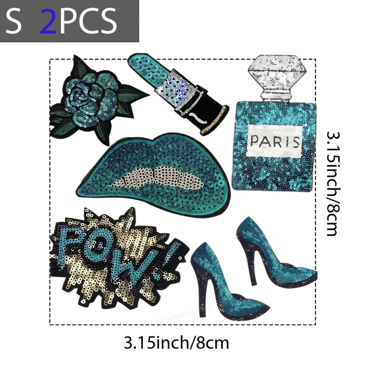 Heat Transfer Patch Teal Sequin Lips Perfume Heels Comic Pow Graphic for T Shirts Hoodies and Tote Bags - 8