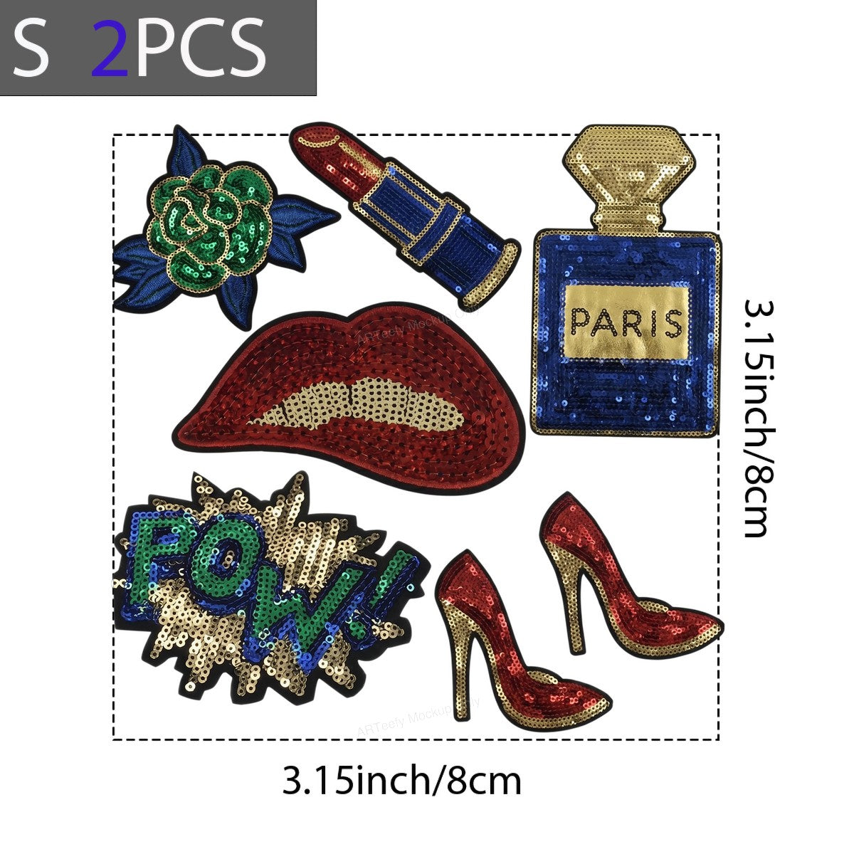 Heat Transfer Patch Set Sequin Lips Lipstick Perfume Heels Comic Pow Graphic for T Shirts Jackets and Tote Bags - 8