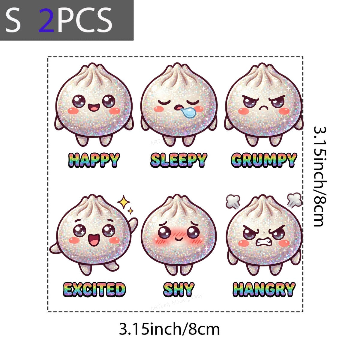 Funny Graphic Transfer Glitter Dumpling Emotions Happy Sleepy Grumpy Design for T Shirts Hoodies and Tote Bags - 8