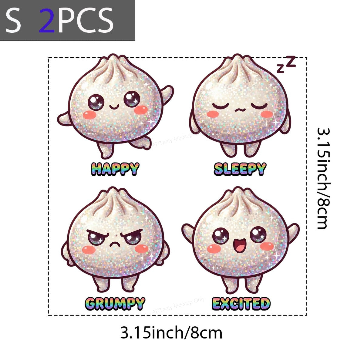 DTF Transfer Glitter Dumpling Emotions Happy Sleepy Grumpy Excited Graphic for T Shirts Hoodies and Tote Bags - 8