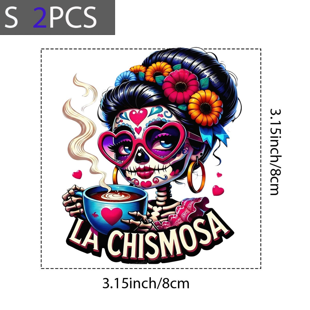 DTF Heat Transfer La Chismosa Skeleton Latina with Coffee Colorful Floral Graphic for T Shirts Hoodies and Tote Bags - 8