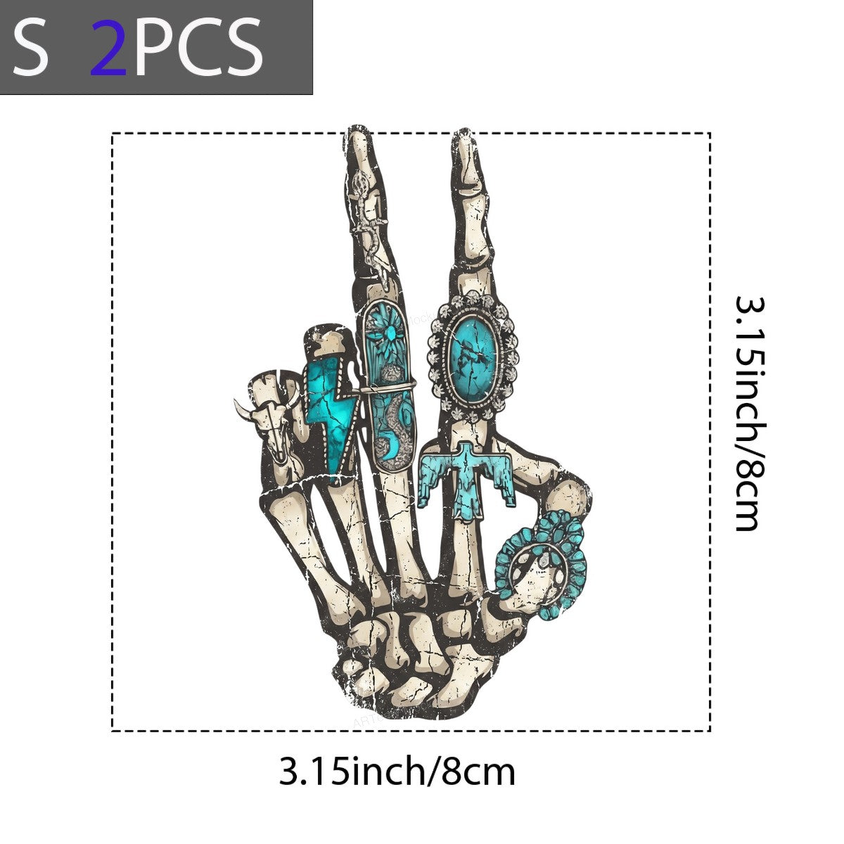 Western Heat Transfer Skeleton Peace Hand with Turquoise Rings Graphic for T Shirts Hoodies and Tote Bags - 8