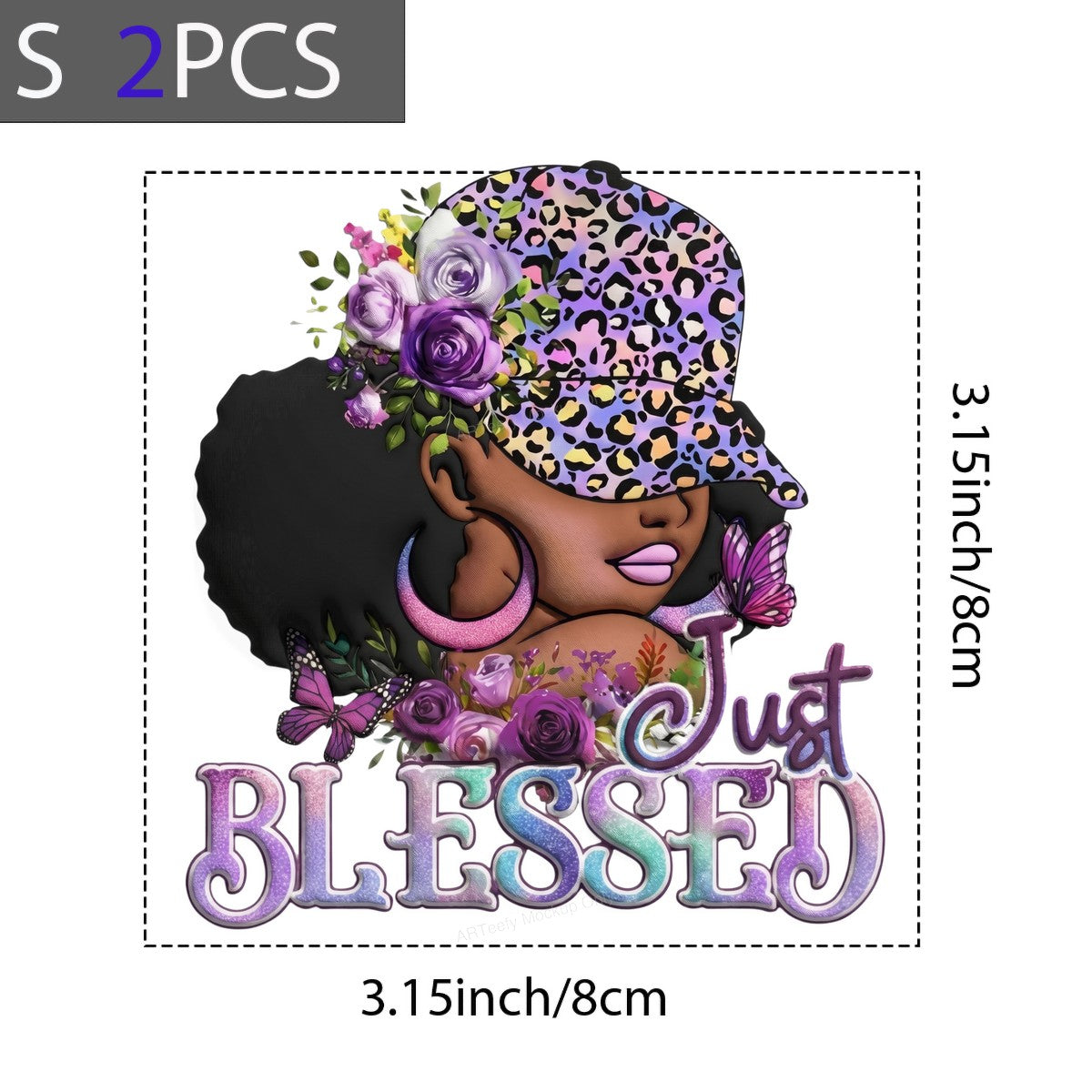 DTF Heat Transfer Just Blessed Afro Woman with Floral Leopard Hat and Butterflies Graphic for T Shirts Hoodies and Tote Bags - 8