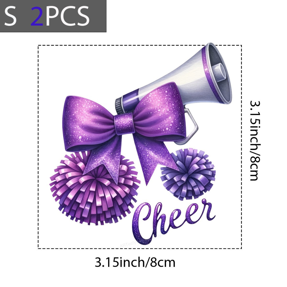 DTF Heat Transfer Cheer Megaphone with Purple Glitter Bow and Pom Poms Graphic for T Shirts Hoodies and Cheerleading Apparel - 8
