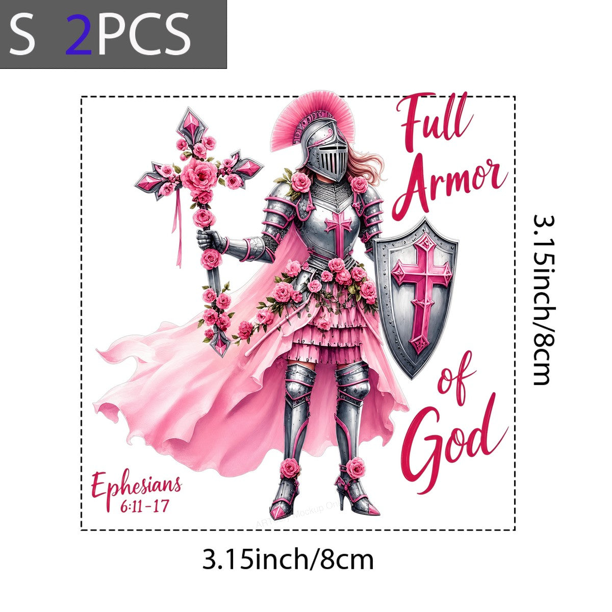 Christian Heat Transfer Full Armor of God Pink Warrior with Cross and Roses Graphic for T Shirts Hoodies and Christian Apparel - 8