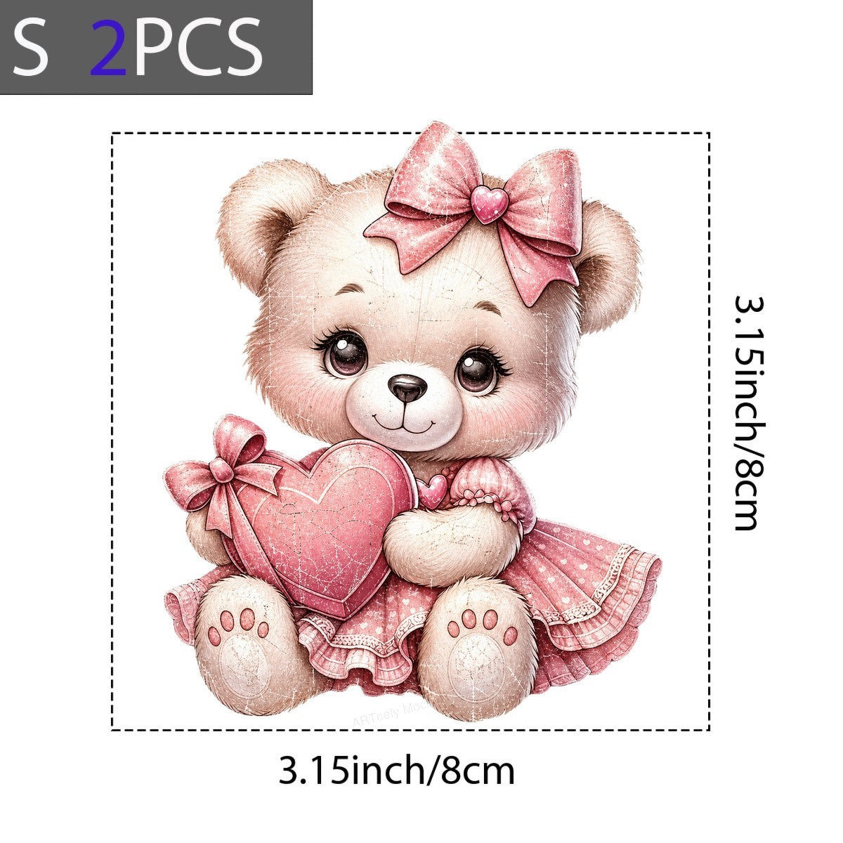 DTF Heat Transfer Cute Valentine Teddy Bear in Pink Dress Holding Heart Graphic for T Shirts Hoodies and Tote Bags - 8
