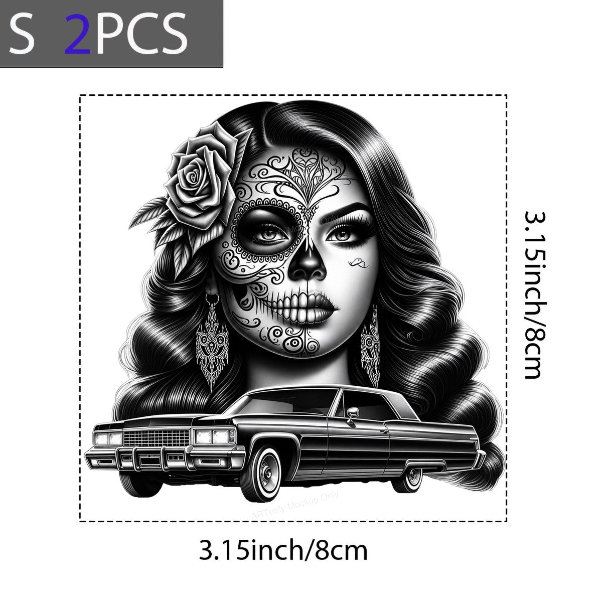 DTF Heat Transfer Lowrider Car with Latina Pinup Rose Art Black and White Graphic for T Shirts Hoodies and Streetwear Apparel - 8