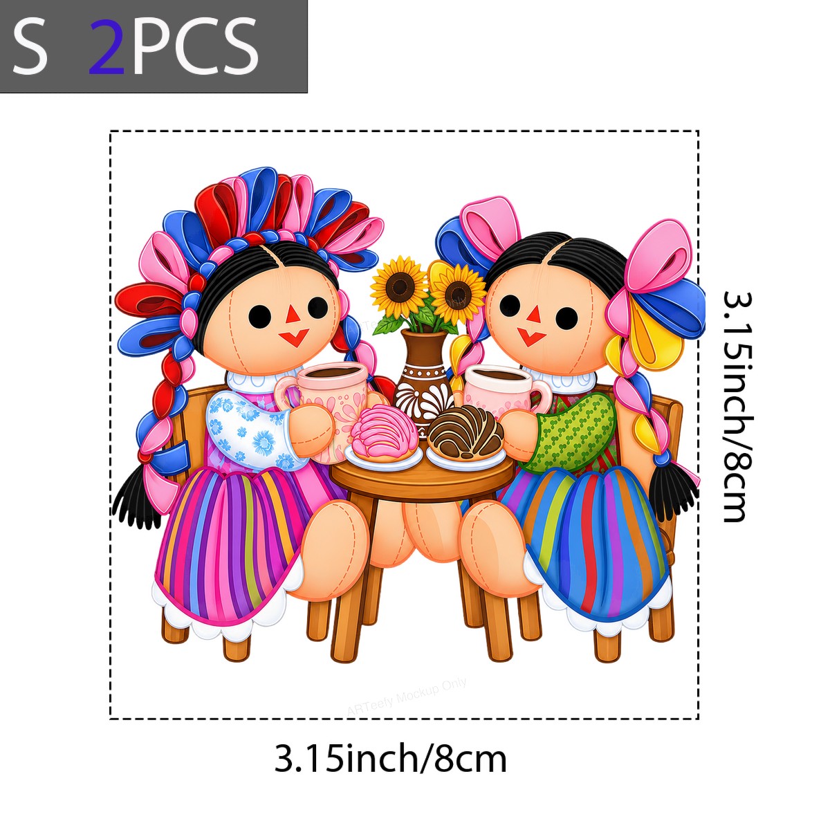 DTF Transfer Mexican Rag Dolls Drinking Coffee Colorful Folk Art Graphic for T Shirts Hoodies and Tote Bags - 8
