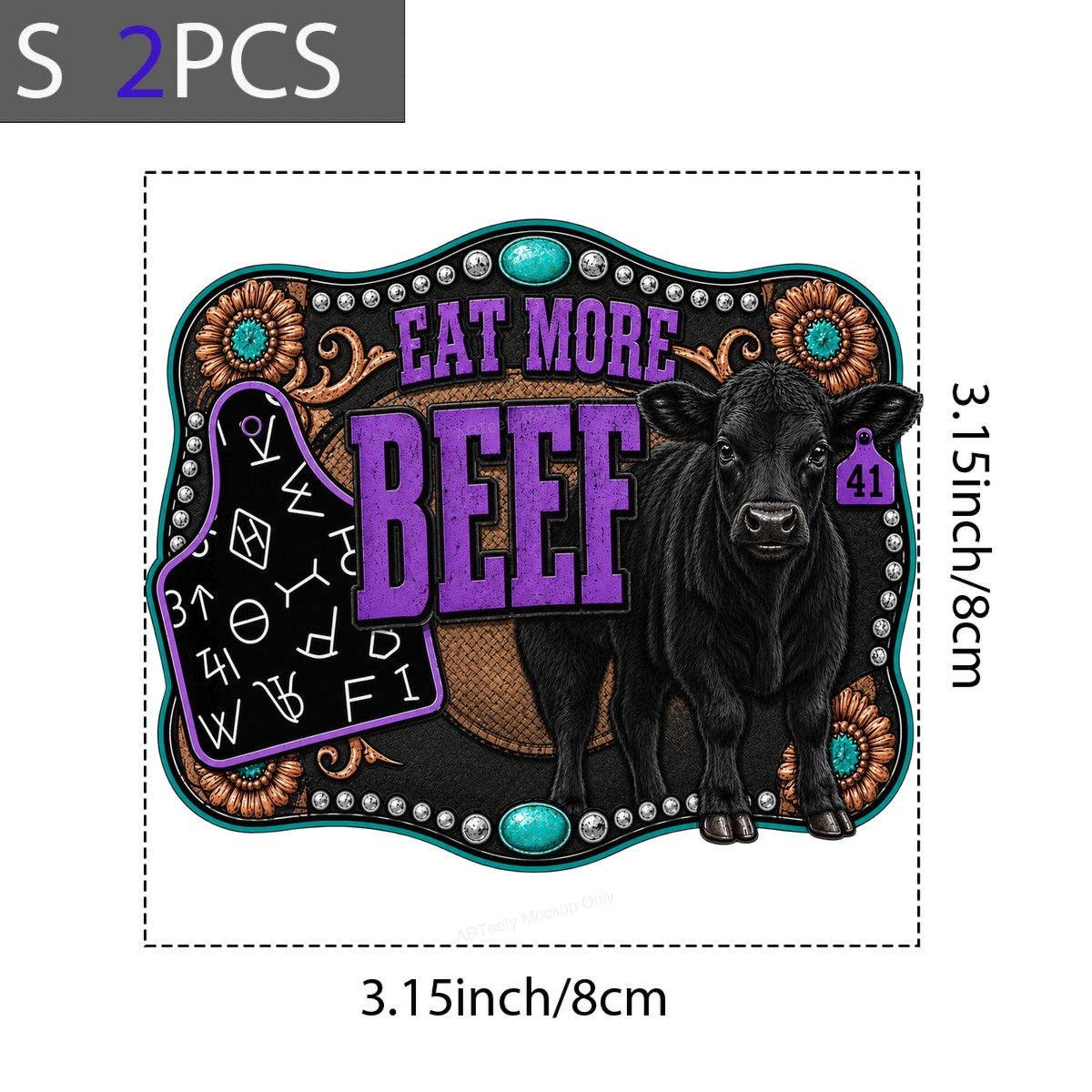 Western Heat Transfer Eat More Beef Cow Graphic with Turquoise Concho Detail for T Shirts Hoodies and Farm Ranch Apparel - 8