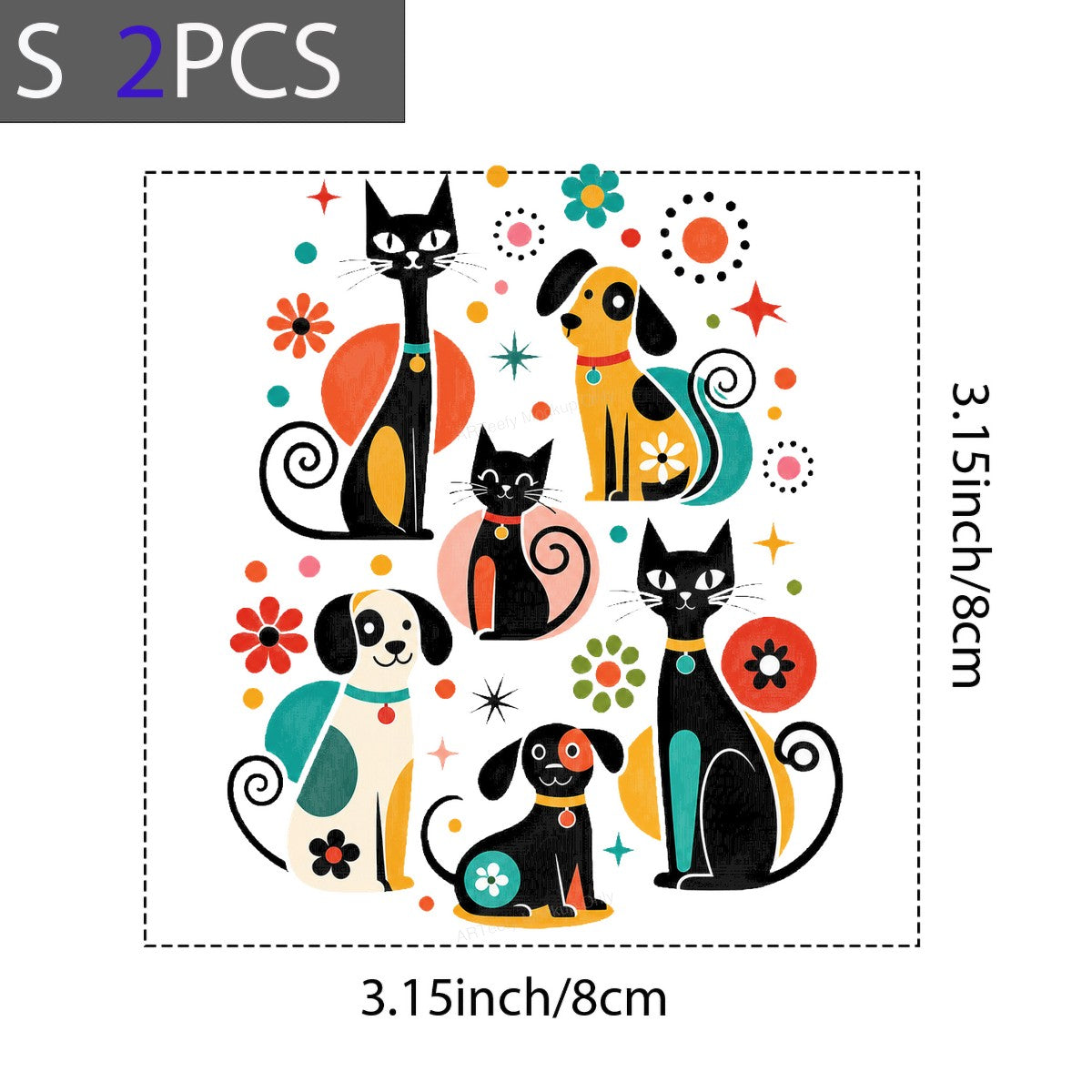 DTF Heat Transfer Retro Cats and Dogs Graphic with Colorful Geometric Flowers for T Shirts Hoodies and Tote Bags - 8