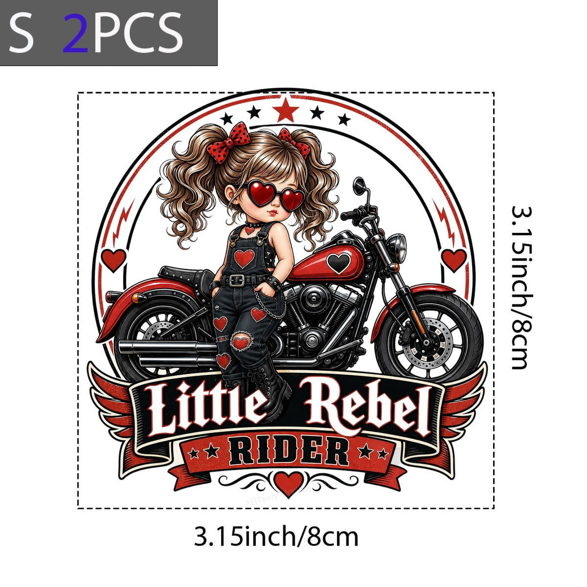DTF Heat Transfer Little Rebel Rider Biker Girl with Red Hearts Graphic for T Shirts Hoodies and Tote Bags - 8