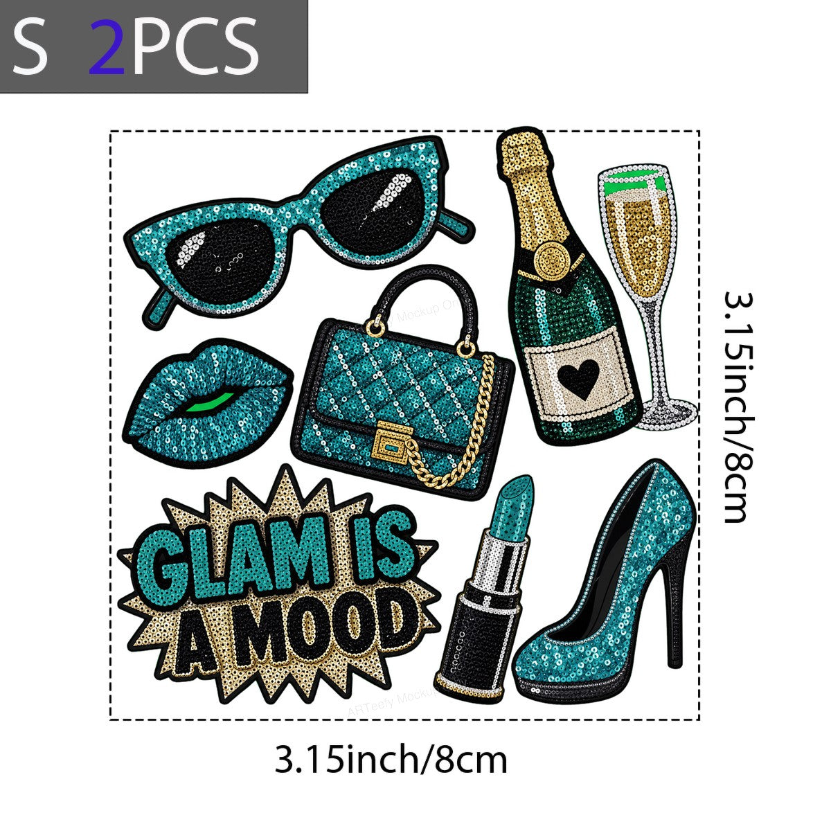 DTF Heat Transfer Glam Is A Mood Quote with Teal Sequin Sunglasses Handbag Champagne and High Heel for T Shirts Hoodies and Tote Bags - 8