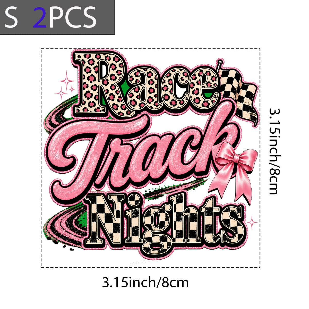 DTF Heat Transfer Race Track Nights Leopard Print Checkered Flag Pink Bow Graphic for T Shirts Hoodies and Tote Bags - 8