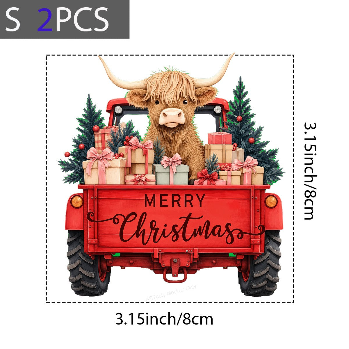 DTF Heat Transfer Merry Christmas Highland Cow in Red Truck Graphic for Holiday Shirts and Gifts - 8