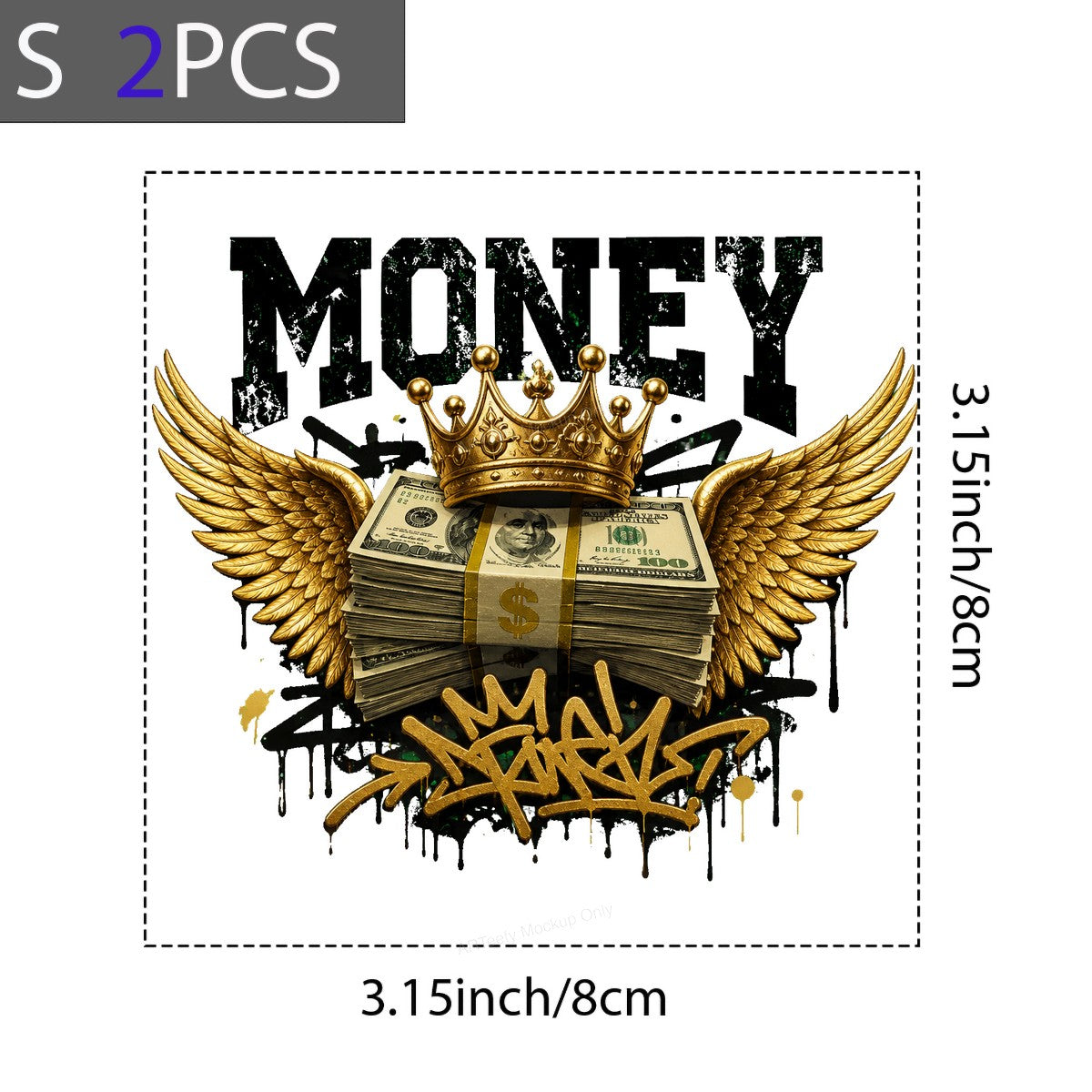 DTF Heat Transfer Money Crown with Wings Graffiti Cash Stack Graphic for T Shirts Hoodies and Streetwear Apparel - 8