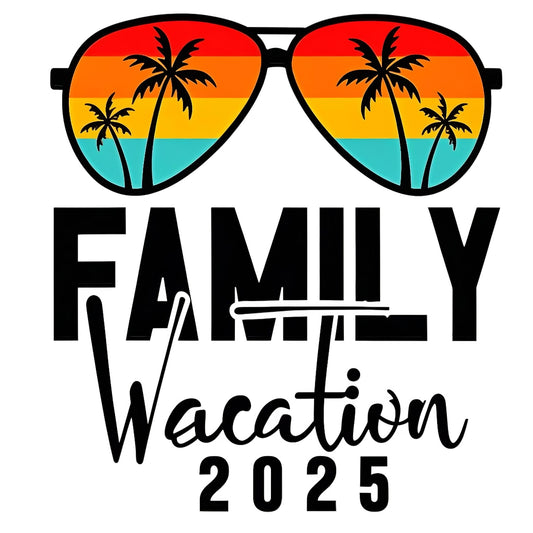 2025 Family Vacation DTF Iron-On Transfer ， Beach Vibes Sunglasses Design with Gradient Lenses ，  Palm Tree and Sunset Sticker Waterproof Heat Press Sticker for T-Shirts, Hoodies, Tote Bags