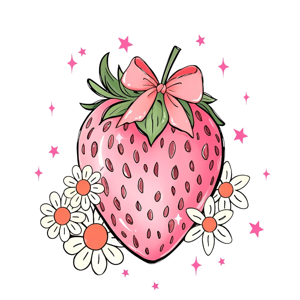 DTF Heat Transfer Iron On Sticker ， Heart-Shaped Strawberry with Bow and Daisies,   Feminine Home Decor and Clothing Accent Sticker for T-Shirts, Hoodies, Aprons