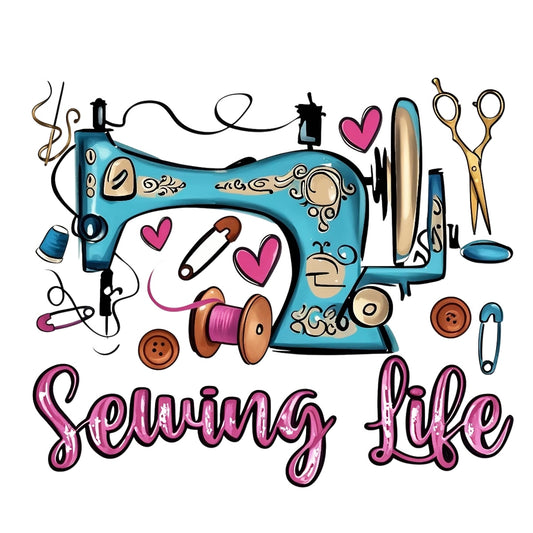 Vintage Sewing Machine DTF Transfer Decal，  DIY Craft Embroidery Sticker， Pink Blue Heart Button Design for Apparel, Tote Bags, Wall Art， Easy to Apply Vintage Craft Supplies, Sewing Life Art Sticker