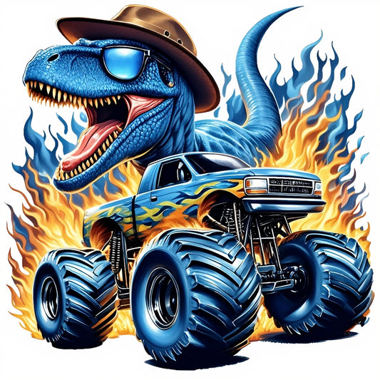 Blue Dinosaur Monster Truck DTF Iron-On Sticker ， 'Roaring Flames Adventure' Design，Automotive Decal for T-Shirts, Hoodies