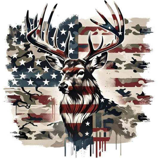 American Flag Deer DTF Iron-On Sticker ， Patriotic Camouflage Hunting Decal ， Waterproof Vinyl Transfer for T-Shirts