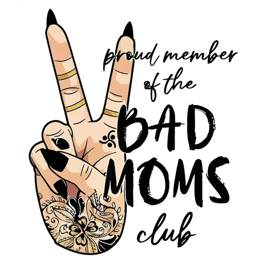Bad Moms Club Peace Sign DTF Iron-On Decal ， Floral Tattoo Mom Life Sticker | Black and Tan Gold Accents Design for Apparel