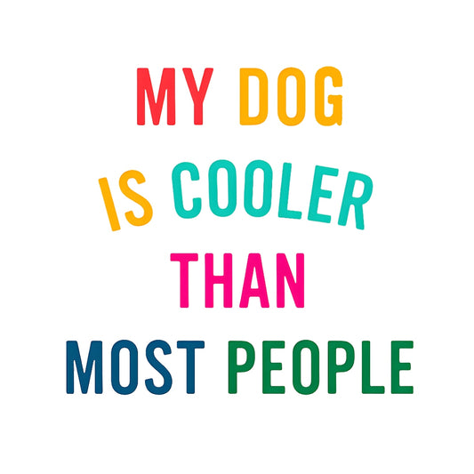 DTF Heat Transfer Iron On Sticker， "My Dog Is Cooler Than Most People" Quote Sticker，Humorous Pet Lover Merch for T-Shirts, Hoodies, Tote Bags & Home Decor， Bold Red, Orange & Teal Typography with Minimalist Design